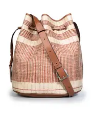 Beige Wicker Drawstring Bucket Bag