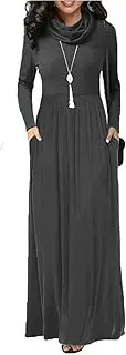 [Soinku] Women's Winter Solid Casual Maxi Dress Empire Waist Plain Loose Long Dress with Pockets