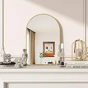 VooBang Arched Wall Mirror, 16 x 24 inch Arch Bathroom Mirror, Wall Mounted Vanity Mirror with Arch Metal Frame, Modern Bathroom Vanity Mirror for Bedroom, Living Room, Hanging or Leaning, Gold