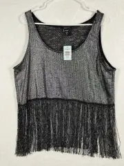 Torrid Fringe Black Tank Top Metallic Silver Size 2 / 2X Sleeveless Party NEW