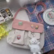 Two-Tone Cartoon Brooch Canvas Crossbody Bag With Charm - Bear & With 4 Brooches - Pink - One Size