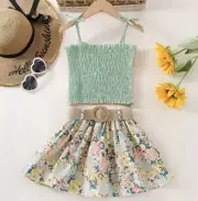 Girls Green Smocked Top and Floral Print Skirt Set