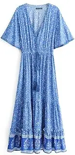 [YLDCN] Wrap Skirt Skirts Women Floral Print Beach V Neck Tassel Summer Dress