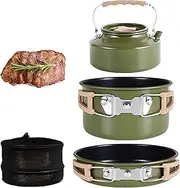 Trail Camping Cookware Set, 2 Person Outdoor Camp Cooking Kit, 1.1L Kettle, 0.8L Frying Pan, 2L Large Pot, Storage Bag, Non-Stick Pan, Foldable Handle, for Outdoor Use