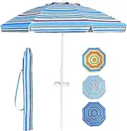 Costway 2.2m Parasol, Angle-Adjustable Beach Umbrella, Balcony Umbrella with Ground Socket & Cup Holder & Carrier Bag, Market Umbrella for Garden & Beach & Terraces