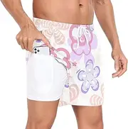 [GuoChe] Men's Swim Shorts Mens 2 in 1 Running Shorts Valentine's Day Pastel Colors Stylized Flowers with Compression Liner, Valentine's Day Pastel Colors Stylized Flowers, Large