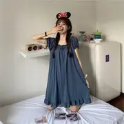 Short-Sleeve Plain Pajama Dress Blue - One Size