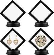 4Pcs 3D Floating Frame with Stand, Challenge Coin Display Holder, Small Shadow Box for Earrings, Rings, Brooch, Military Medal, Black, 2.75x2.75 inches