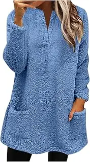 [Suhorseful] Women’s Fleece Lined Sweatshirts Oversized Warm Wool Fuzzy Long Sleeve Tops Fall Winter Outwear with Pockets, Light Blue, Medium