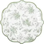 Elyxio Sage Green Floral Party Plates White Green Toile Disposable Paper Plates Flower Leaf 9" Scalloped Edge Dinner Plates for Bridal Baby Shower Wedding Tea Party Supplies Table Decor (24)