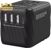 Universal Travel Adapter 3 USB-A & 1 Type-C PD Charger for AU/US/EU/UK Worldwide