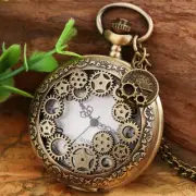 Bronze Gear Cover Pendant Compass Unisex Quartz Pocket Watch Necklace Chain