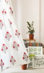 Cotton 2 Panel Window Curtain Hand Block Floral Printed Sheer Curtains Drape Set