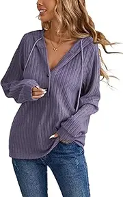 [iChunhua] Lightweight V Neck Hoodies for Women Uk Knitted Long Sleeve Hooded Tops With Buttons Thin Plain Hooded Sweatshirts