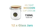 12x Round Food Storage Glass Jars 730ml Canister Container Wooden Lid Bottles
