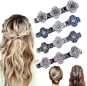 [AIEIK] Glittering Crystal Stone Braided Hair Clips - Elegant Hair Clips with Crystal Flowers - Rhinestone Hair Clips 3 Mini Clips - Sparkling Hair Clips for Women and Girls (Four-Leaf Clover)