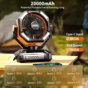 20000mAh Camping Fan with Dual Motor, Battery Powered Fan with 4 LED Lanterns