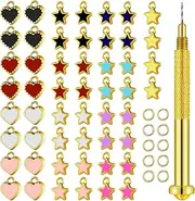 113 Pieces Dangle Nail Piercing Charms Set, Nail Art Piercing Tool Hand Drill and Colored Hearts Stars Rings Jewelry Rings for Tips, Acrylic, Gels Decorations, Colored Hearts and Stars