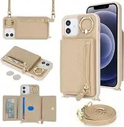 SunYoo for iPhone 12 Mini Crossbody Case with Card Holders Money Slots Zipper Coin Purse Rotatable Ring Kickstand Cover Wristlet Strap Lanyard Litchi Leather Wallet Cover for iPhone 12Mini Cream