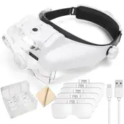 Rechargeable Headband Magnifier with LED Light 1X to 14X Hands-Free with 6 Detachable Lenses