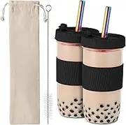 Amyoole 2 Pack Reusable Boba Cup,24Oz Wide Mouth Smoothie Cup,mason Jar Glass Cups with Lids and Straws,Bubble/Boba Tea Cups,Ice Coffee Tumbler 2 colored straws 1 sponge brush(Black)