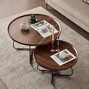 Round Coffee Table for Living Room Set of 2, Modern Nesting Side & End Tables for Home & Office Decor, Stacking End Side Table with Modern Wood & Metal Frame Accent Tables(Walnut,80cm+60cm)