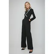 Black and White Jumpsuit / Pantsuit Mother of the Bride Jumpsuit Elegant Simple Minimalist V Neck Lapel Binding Floor Length Crepe Stretch Fabric Covered Butto