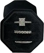 [Velvet Treasures] Engagement Ring Box Premium 3 Slot Octagon Wedding Ring Jewelry Box Vintage Velvet Ring Jewelry Box for Engagement & Wedding Ceremony Velvet Ring Box for Jewelry Display Ring Storage (Black)