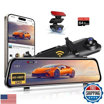 12" 4K Rear View Mirror Camera WiFi Mirror Dash Cam Front and Rear with 64GB