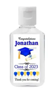 BLUE AND GOLD GRADUATION FAVORS HAND SANITIZER LABELS - PERSONALIZED