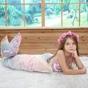 Kids Mermaid Tail Blanket, Soft Luminous Mermaid Blanket Flannel Girls Mermaid Toys Colorful Snuggle Blanket Soft Sofa Blanket Mermaid Sleeping Bag with Double Stitching (Style 2)