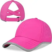 [LUCKYBUNNY] Girls Criss Cross Ponytail Hat Reflective Outdoor Hat Mesh Quick Dry Baseball Cap for Kids Age 3-12 Years