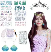 14-Piece Mermaid Make-Up Set - Scale Stencils, Glitter Gel, Earrings in Shell Shape, Blue Rhinestones, Face Self-Adhesive - for Carnival or Mermaid Costume Women (Blue-1)