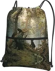 EdWal Black Bears Print Drawstring Backpack Gym Bags Sports Bags With Zipper Pocket For Travel Beach, Black, One Size