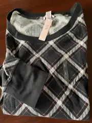 Victoria's Secret Top Womens L Long Black Plaid PJ Top Waffle Long Sleeve NWT