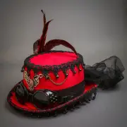 RED Victorian Style Steampunk Vintage BurningMan Top Hat w/ Goggle Women Costume