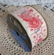 NEW OFFRAY WIRED RIBBON 39517 ROOSTER/FLEUR-DE-LIS RED & IVORY 1.5" X 9 FEET