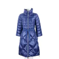 在飛比找Yahoo奇摩購物中心優惠-HERNO 絎縫拼接繫帶藍色立領長版羽絨外套 大衣