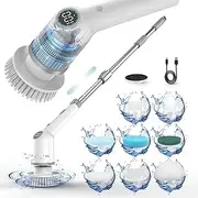 Electric Spin Brush Scrubber, Cordless Power Tub and Tile Scrubber with Long Handle, 8 Replaceable Brush Heads, 3 Adjustable Speeds for Cleaning Bathroom, Floor, Kitchen, Window, Shower, Sink