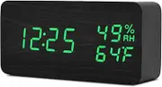Raercodia Wood Alarm Clock Modern Digital Clock Decorative Electronic Desk Clock LED Display Time Date Temperature Humidity Voice Control 3 Alarms for Home Office Kids Seniors (Black,Green)