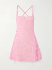 [Clio Peppiatt] Clio Peppiatt - Embellished Stretch-mesh Mini Dress - Baby pink - large large Pink