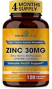 Sandhu Herbals Zinc Supplements [Zinc 30mg], Immune Support Zinc Mono methionine Supplements 120 Capsules