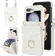 [XIMAND] for Samsung Galaxy Z Flip 5 Wallet Phone Case with Ring and Adjustable Crossbody Strap, Stylish and Muti-funtional Accordion Style Flip Case with 4 Card Slots .（White）
