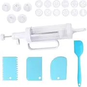 Biscuit Press Baking Accessories, Pastry Syringe Biscuit Press Machine, Decorating Syringe, Cake Syringe, Doughnut Syringe, Cream Syringe, 6 Piping Nozzles, 12 Stencils, 1 Spatula, 3 Cake Scrapers,