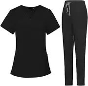 [kowaku] Nursing Uniforms Scrub Set Workwear Nurse Top and Pants Short Sleeve with Pockets for Beauty Salon SPA Healthcare Pet Shop