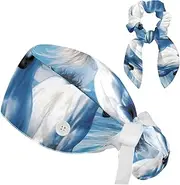 [YTYVAGT] Scrub Caps Women with Buttons,Surgical Caps with Button Adjustable Unisex,Animals Horses Blue Pattern