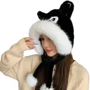 [LBEIPDN] Cute Winter Beanie Peruvian Cover Fox Ears Thick Fleece Lined Skull Cap Snow Hat with Faux Fur Pompom for Women