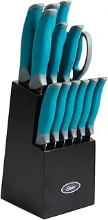 [Oster] Lindbergh 14 Piece Stainless Steel Cutlery Set Black Block, Teal Handles,Teal/Black