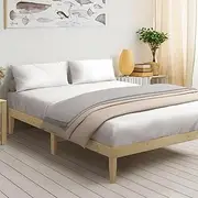Oikiture Double Bed Frame Wooden Bed Frame with Wood Pine Timber Slats Bed for Home Bedroom Furniture