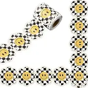 Whaline 32.8ft Happy Face Daisy Bulletin Board Border White Black Checkered Smile Face Flower Die-Cut Rolled Border Trim with Gold Edge for Chalkboard Wall Decoration
